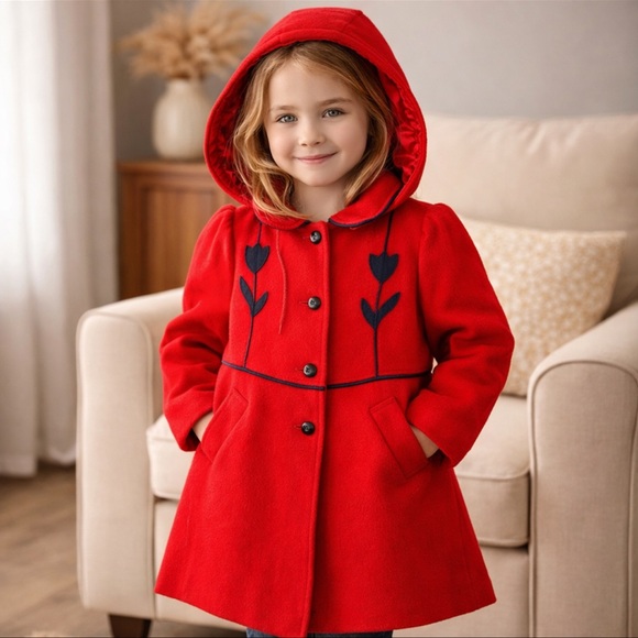 📌Red Wool Girls Hooded Coat Size 6 Classic Winter Dress Coat USA Made - Picture 2 of 7